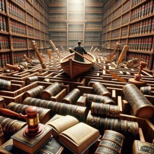 A small boat navigates through a maze of legal books and gavels inside a library.