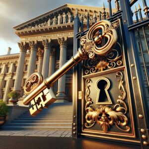 A golden key unlocking a grand gate in front of a courthouse, symbolizing access to justice