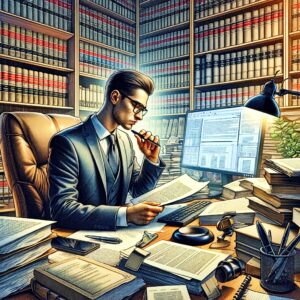 A paralegal focused on work amidst legal documents, law books, and a computer with legal databases