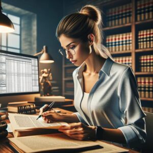 A female paralegal meticulously working amidst legal documents and databases